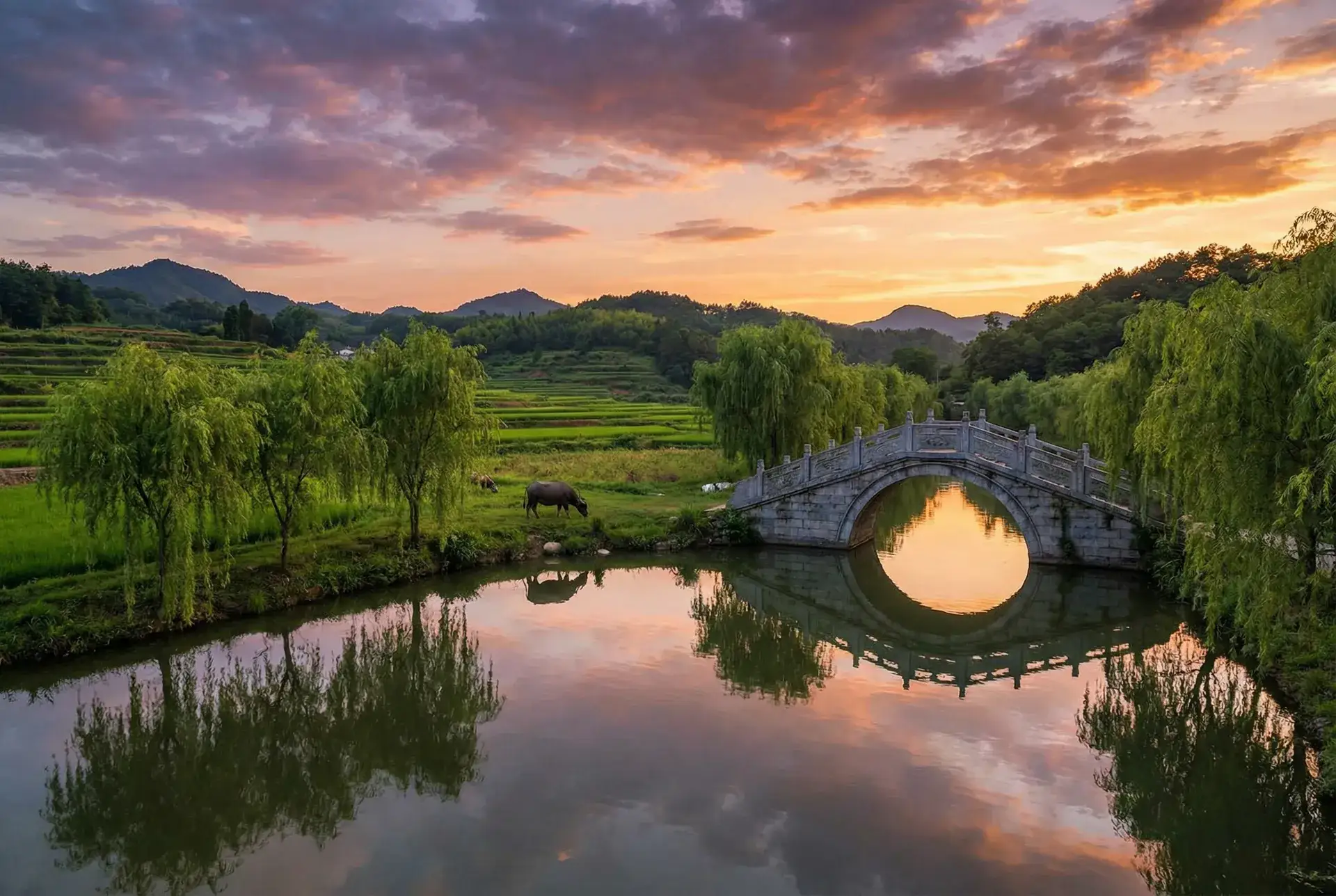 夕阳下的石拱桥与垂柳，水牛在河边吃草 - 西风烈 下载 乡村美景